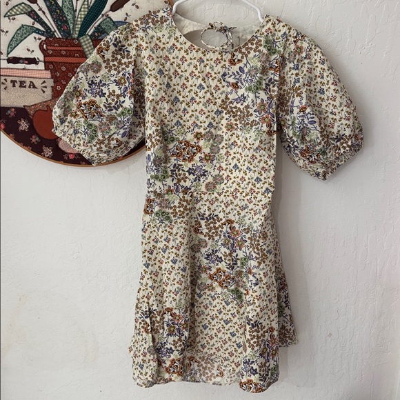 Olivaceous Floral Cream Purple Pink Orange Green Baby Doll Puff Sleeve Mini M - Picture 5 of 6